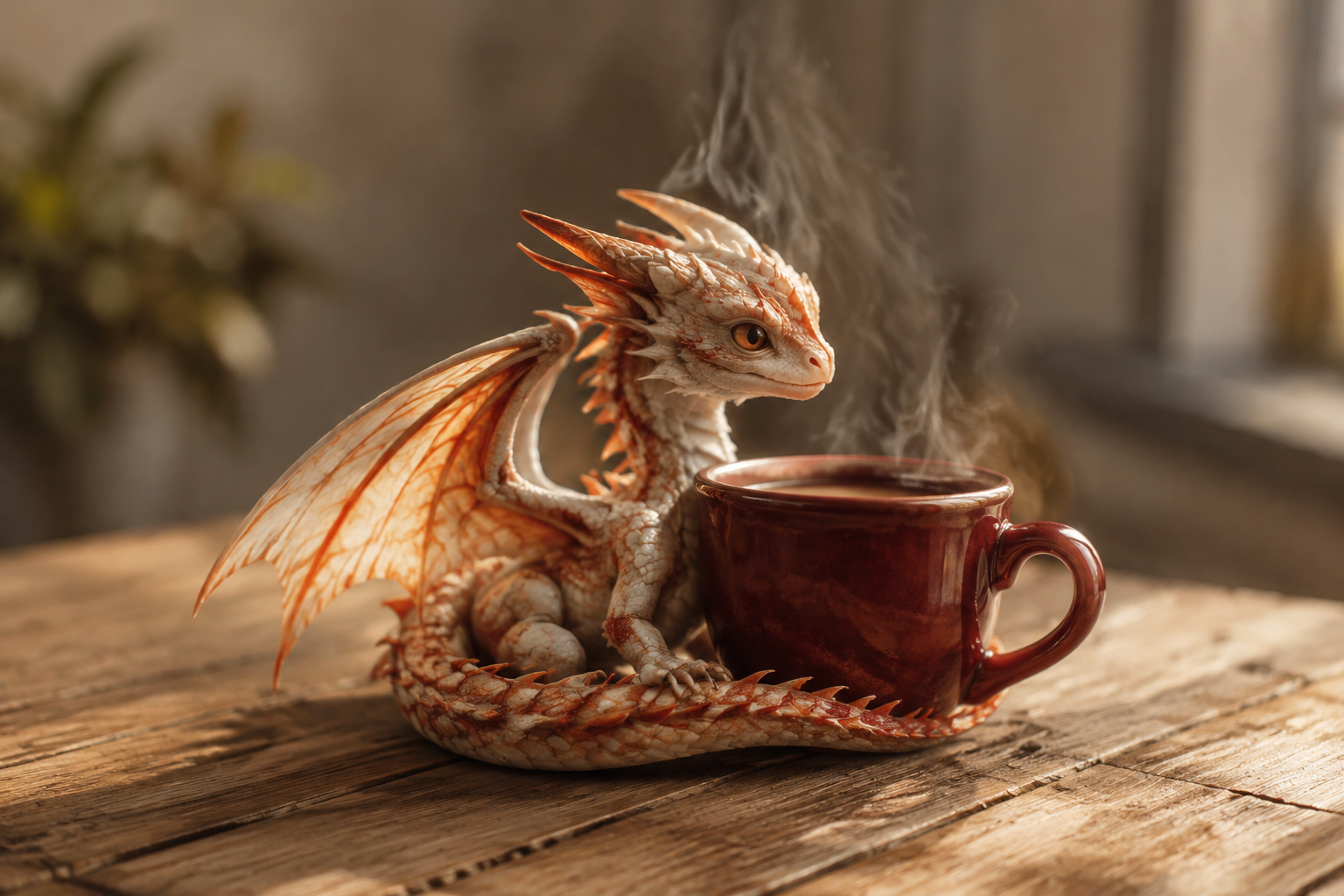 A tiny dragon beside a steaming coffee cup