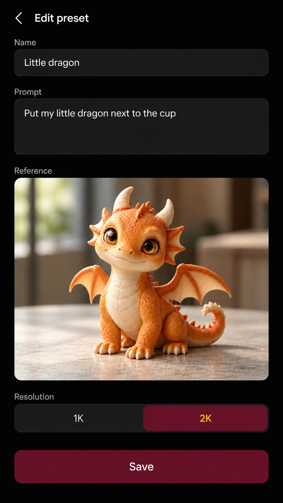 Lieca preset editor with a name, prompt, reference image and resolution